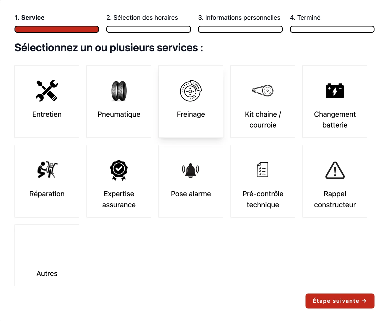 Aperçu du module RDV Atelier : le client sélectionne son service