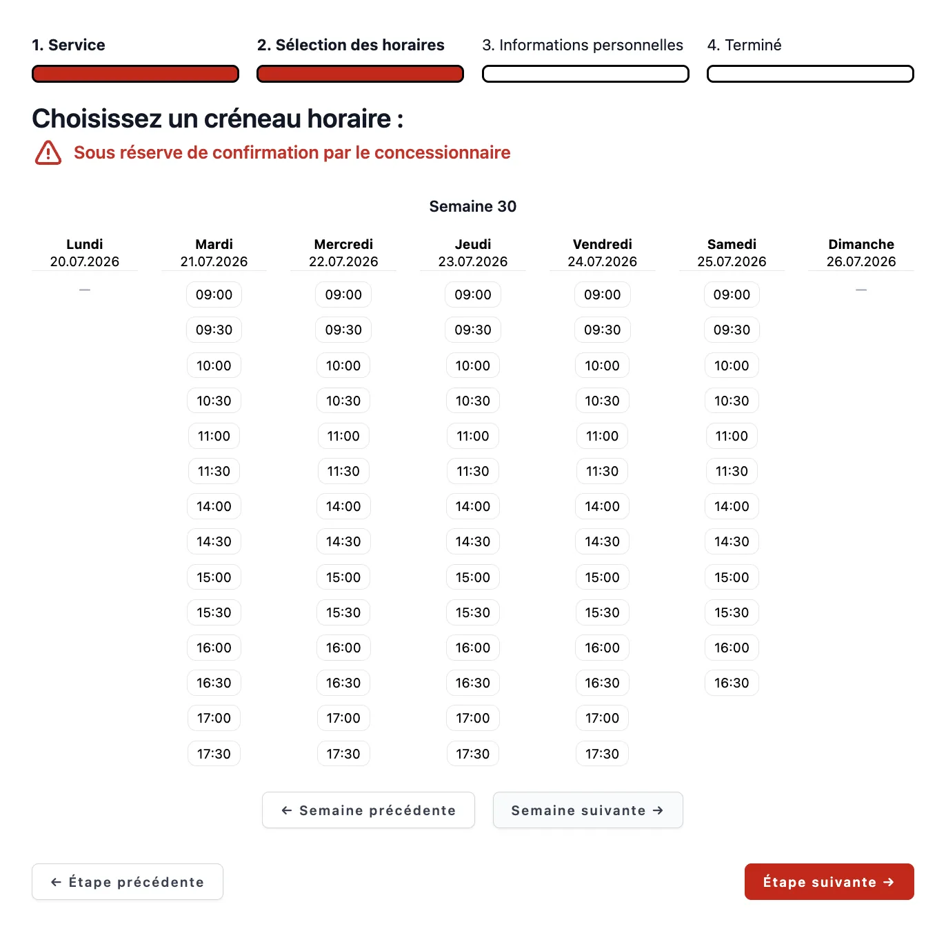 Le client choisit un créneau horaire disponible dans la semaine