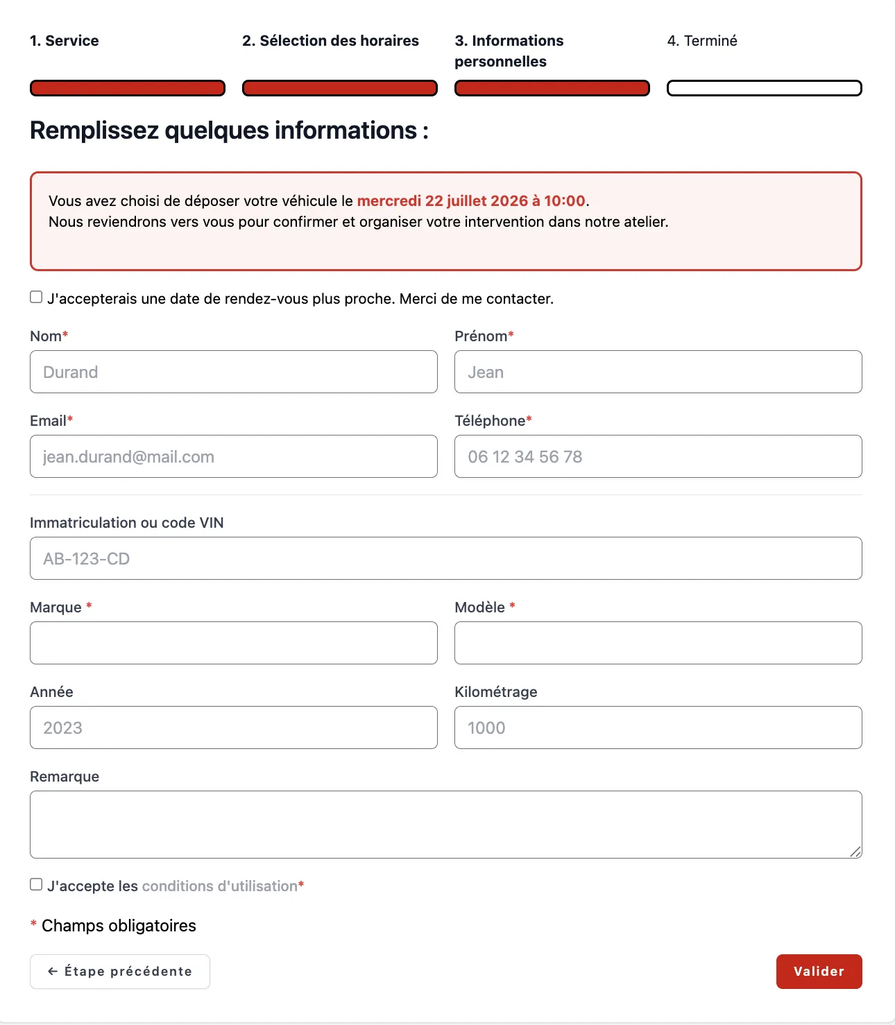 La concession reçoit une demande complète, prête à confirmer